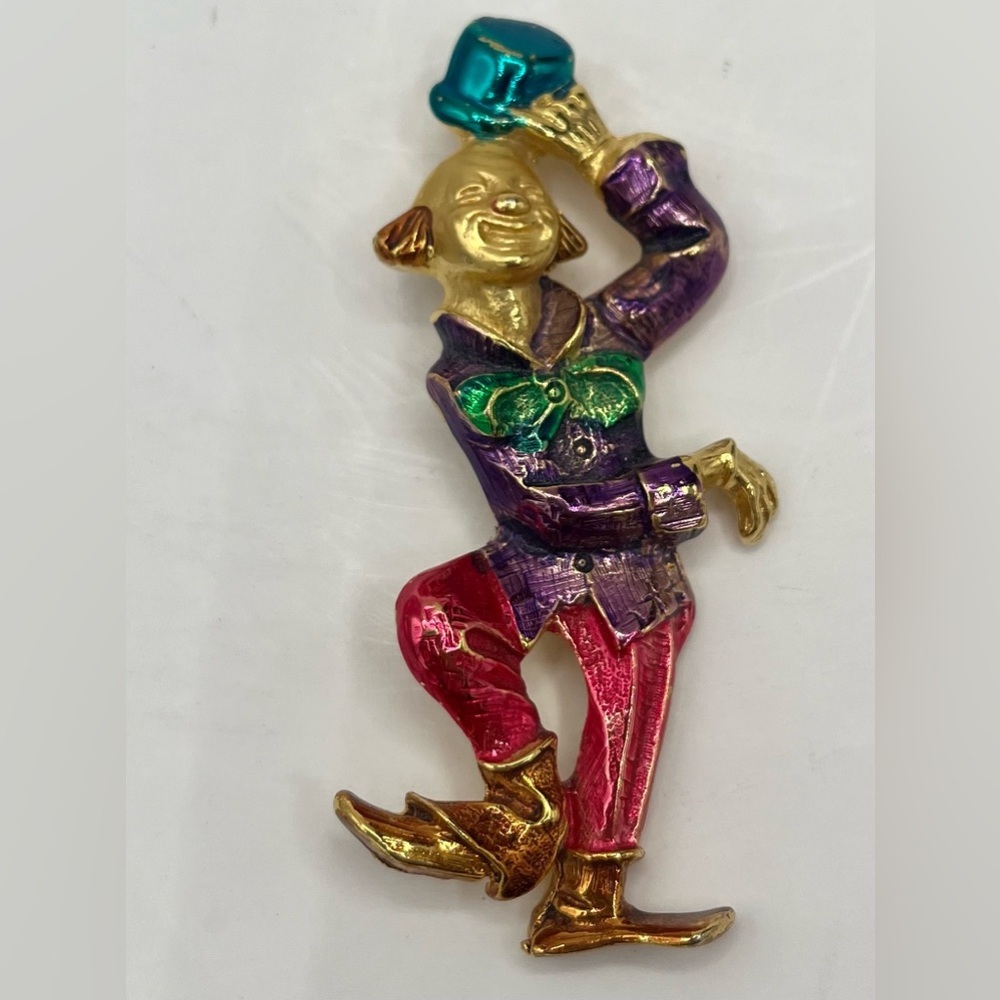 Vintage ELLE Dancing Clown Brooch Pin Very Colorful 3” Enamel